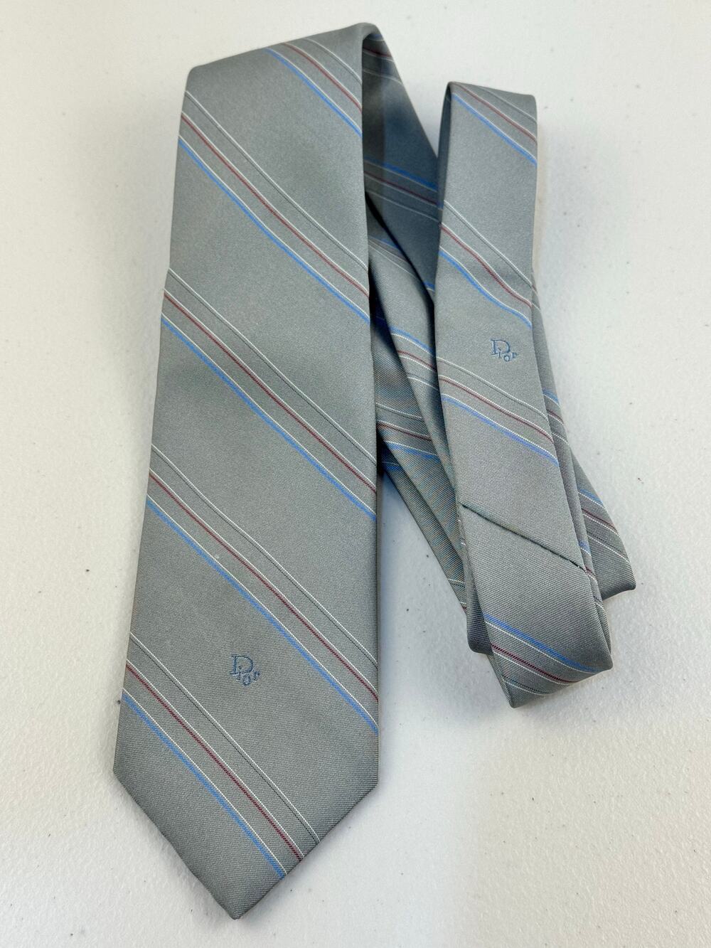 Dior Neckwear Silk Blend Italian Woven Gray Striped Vintage Men's Tie USA Made